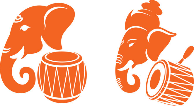 Lord Ganesha with dhol drum illustration set