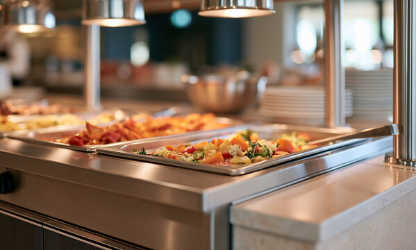  an upscale premium cafeteria food serving counter, elegant self-service dining area, stainless steel bain-marie food trays filled with beautifully prepared fresh dishes
