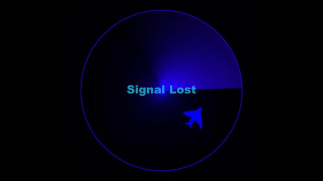 Blue radar screen animation tracks flight icons with signal lost text. Aviation emergency alerts flash across this active radar screen. Air traffic control telemetry guides the radar screen.