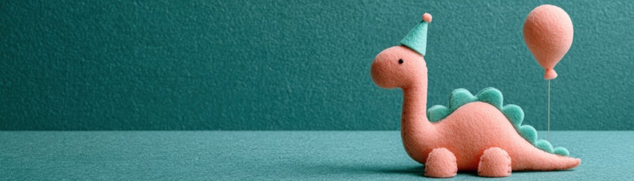 A cute, textured, pink dinosaur toy with a party hat and a balloon on a teal fabric background, kid celebration banner