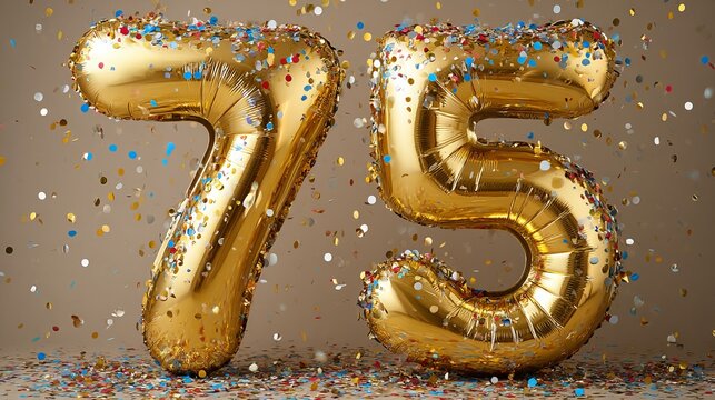 Golden balloons and confetti celebrate a special seventy fifth anniversary occasion with festive decorations