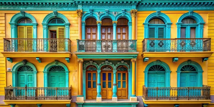 Colorful walls with vibrant turquoise and yellow hues adorn a traditional Cuban casa particular, featuring intricate wrought iron balconies and ornate details , cuban architecture, colorful walls