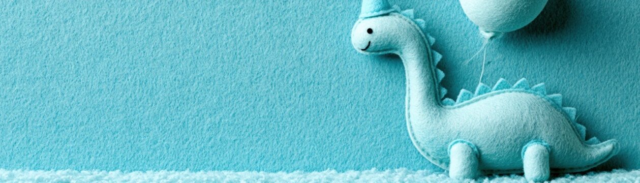 A cute, blue felt dinosaur balloon floats against a matching blue felt background, a playful and textured scene, kid celebration banner