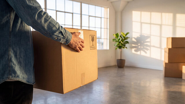 Delivery person holding a cardboard box inside an empty warehouse with windows and daylight.