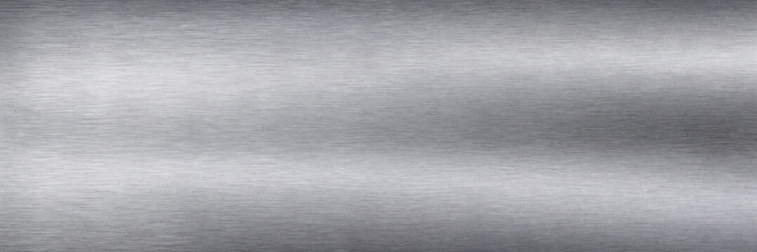 Brushed silver metal texture background, industrial stainless steel surface with horizontal grain, sleek metallic aluminum plate for tech design, polished chrome finish with soft highlights