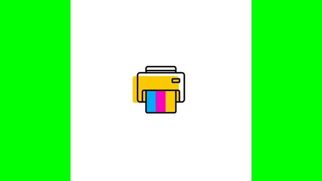 Animated printer icon printing colorful CMYK page on white background