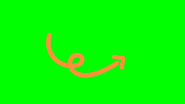 Animated orange curly arrow pointing right on green screen