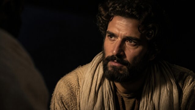 Bearded man in ancient biblical robe listening attentively at night meeting. Disciple following Jesus and seeking truth. Faith, calling and gospel story from Bible. Religious cinematic scene