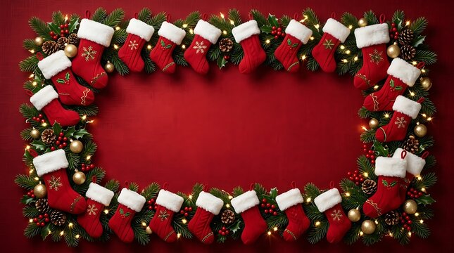 A festive and joyful christmas border created with traditional stockings greenery and a rich red backdrop perfect for holiday greetings