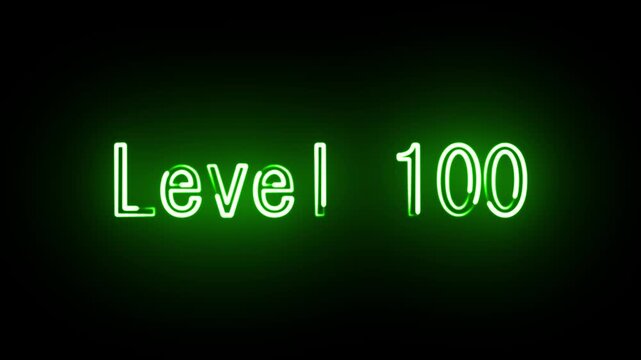 The level 100 text animation glows with vibrant green neon letters. Video game achievement status celebrates on the level 100 text. Digital player ranking graphics feature the level 100 text.