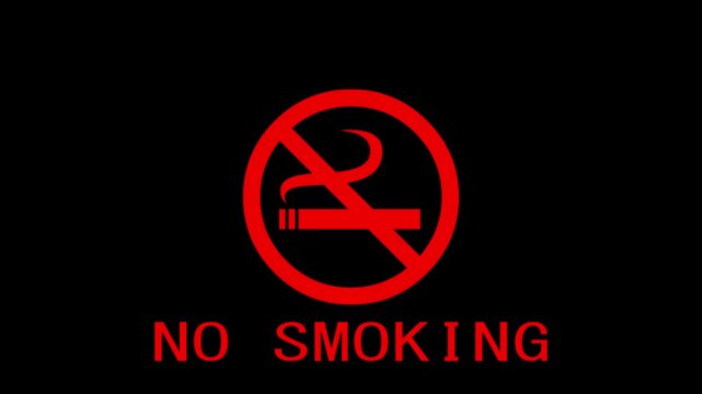 Red no smoking symbol animation displays a crossed out cigarette. Public health safety regulations highlight this no smoking symbol. Smoke free zone warnings feature the active no smoking symbol.