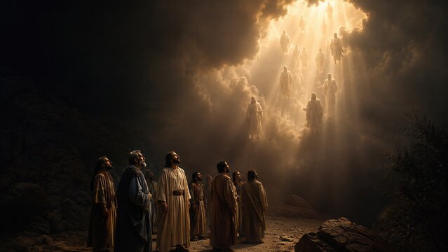 Jesus and disciples watching open heaven with angels ascending and descending in divine light. Biblical scene of faith and revelation of Messiah. Gospel story about Son of God and kingdom of heaven