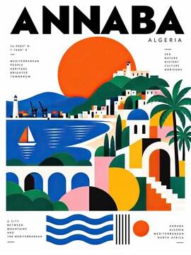 Colorful geometric travel poster depicting Annaba, Algeria, with a Mediterranean coastal city, harbor, sailboat, palm trees, architecture, and bold typography.