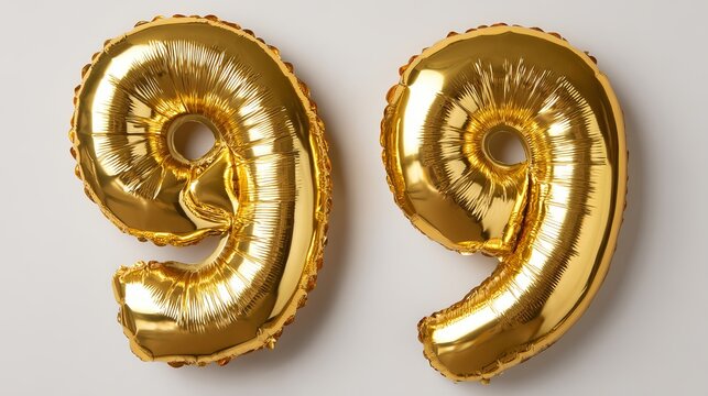 Two gold balloons in the shape of the number nine on a plain background