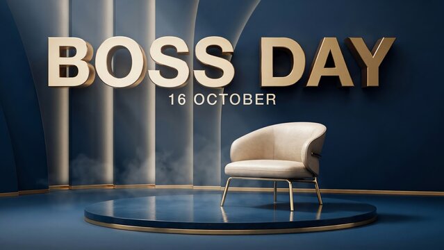 Boss Day 16 October greeting card, elegant gold 3D text on navy blue background, luxury office armchair on podium for corporate celebration
