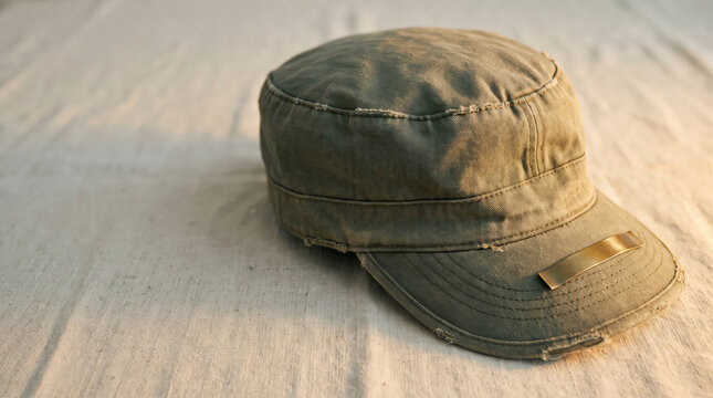 Veterans Day concept showing a worn olive green military cap resting on a simple linen cloth