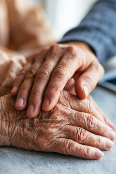 A home caregiver's hand gently helping an elderly person, holding their hand.