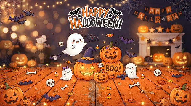 Happy halloween scene with jack o lanterns, ghosts and spooky decorations