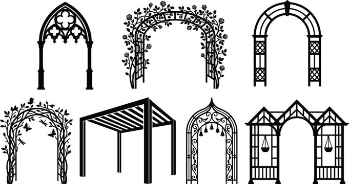 Set of black vintage garden arches, pergolas, and decorative architectural archways on white background