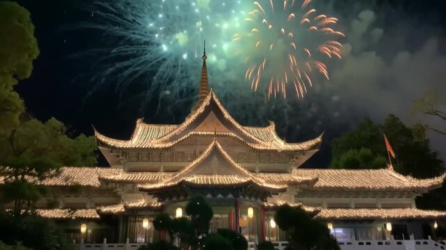 Static shot of illuminated temple roof with fireworks exploding over garden park during nighttime festival celebration