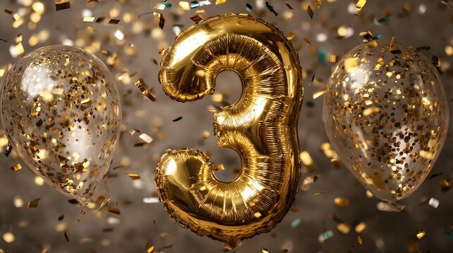 A gold balloon in the shape of the number three surrounded by clear balloons and confetti