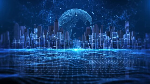 Blue illuminated towers, Earth polygonal connections interconnected digital world. telecom promotions, urban innovation stories, corporate technology intros presentations global communication networks