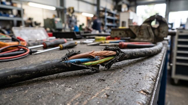 Damaged electrical cable showing exposed copper wires in workshop.