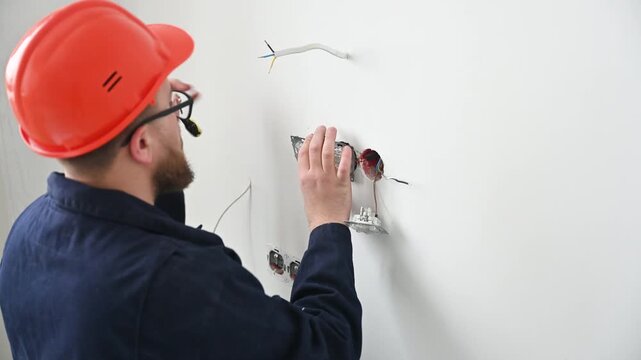 Technician mounts power outlet on indoor wall. Close view of electrician fixing socket box and handling wires during renovation, repair, and electrical installation work