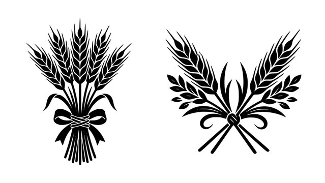 Black and white wheat sheaf bundles tied with decorative ribbons Vector