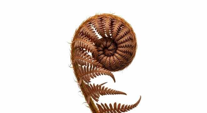An intricate brown fern frond in its unfurling spiral shape, showcasing natural growth and intricate detail
