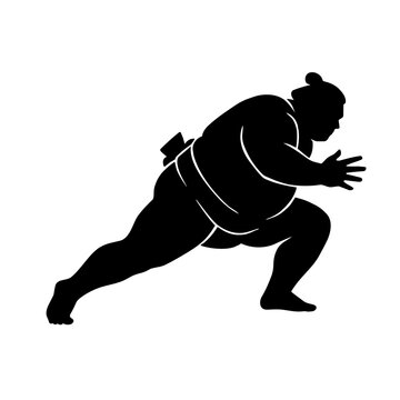 Sumo wrestler in powerful pushing attack stance silhouette
