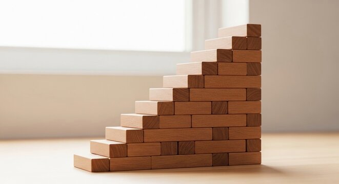Ascending Stack of Wooden Blocks Forming Stairs Representing Growth and Progress