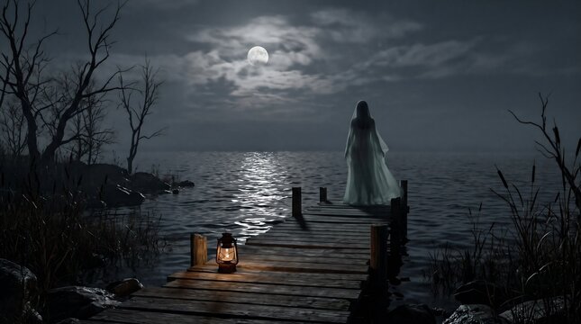 Ghostly apparition on a haunted moonlit lake dock