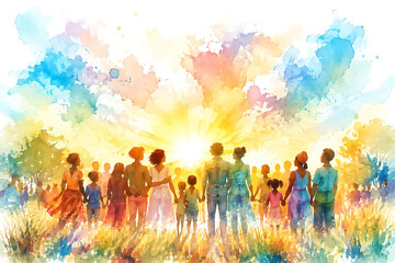 Fototapeta premium Sunrise gathering in open field, Juneteenth watercolor illustration