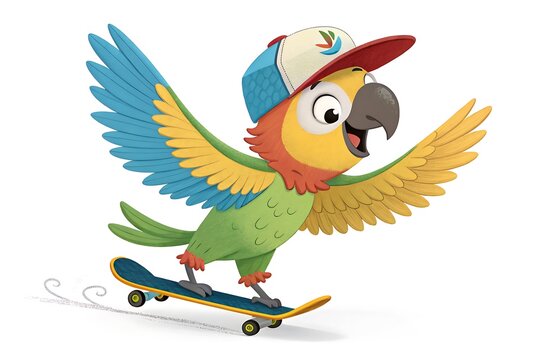 Colorful cartoon parrot riding a skateboard with wings spread