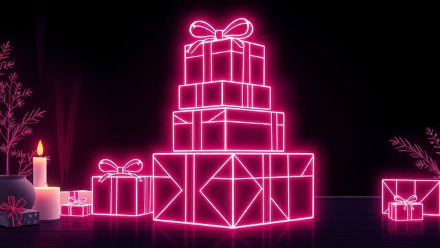Neon pink glowing gift boxes stack with candles