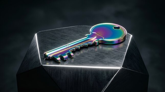 Iridescent cyber key on dark geometric pedestal. Metal lock symbol with neon glow. Futuristic digital security concept illustration.