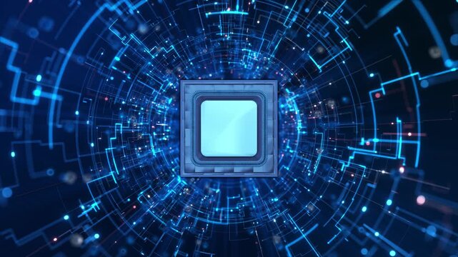 A metallic processor with a vivid cyan circular layers of electronic lines light points. artificial intelligence presentations, chip design explainers, technology launches about computing innovation.