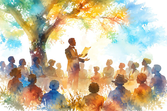 Reading to a gathered crowd under a tree, watercolor illustration