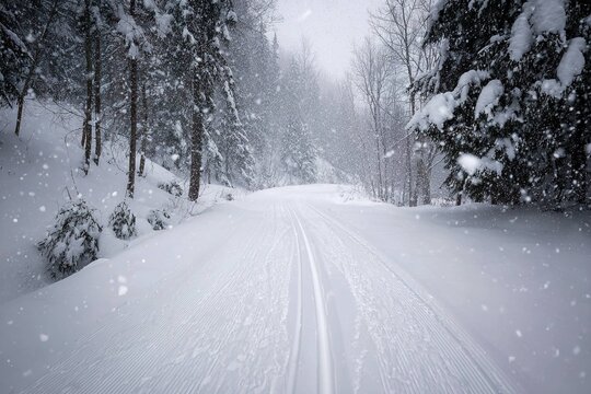 fresh snow falling on cross country ski trail