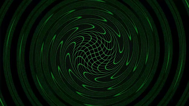 Swirling green grid pattern animation twists in a circular vortex. Deep cyber perspective lines warp inside this swirling grid pattern. Dynamic abstract motion fills the swirling green grid pattern.