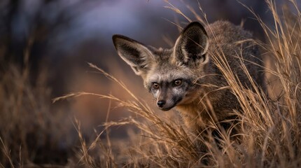 Fototapeta premium Bat-Eared Fox in Golden Grass: A captivating close-up of a bat-eared fox emerging from tall, dry grass, its large ears alert and expressive eyes scanning its surroundings.