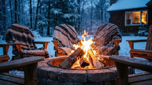 A bonfire burns near chairs in the winter snow.