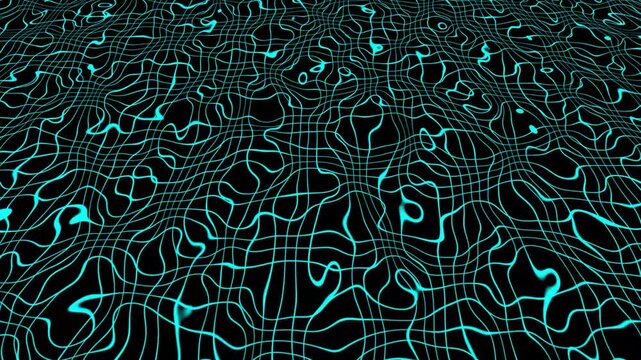 Wavy blue grid pattern animation flows smoothly across dark space. Abstract geometric fluid curves blend across this wavy grid pattern. Dynamic cyber visual motion animates the wavy blue grid pattern.