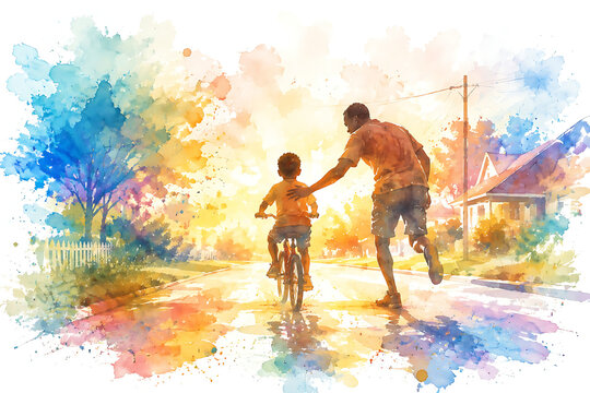 Father teaching son to ride bicycle, watercolor illustration