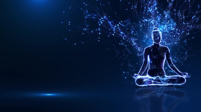 Figure in a meditation pose curving light strands geometric nodes, leaving open space on the left. digital wellness campaigns, contemplative titles and presentations exploring awareness inner balance.