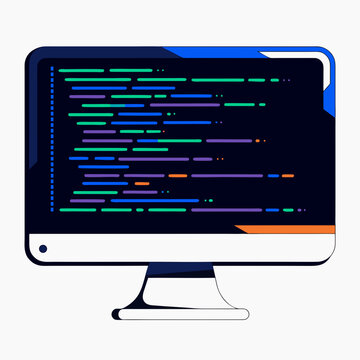 Software programming code on computer monitor, flat vector illustration of developer workstation, digital screen with colorful syntax