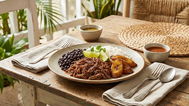 Traditional venezuelan pabellon criollo dish with shredded beef black beans and fried plantains. Cuban Cuisine