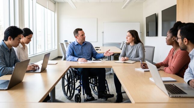 Wheelchair-using manager leads an inclusive team discussion