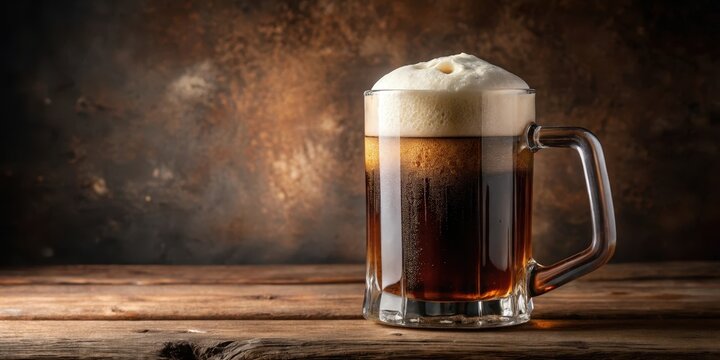 A frothy root beer beverage in a glass mug on a table, with a creamy foam topping and condensation on the outside glass